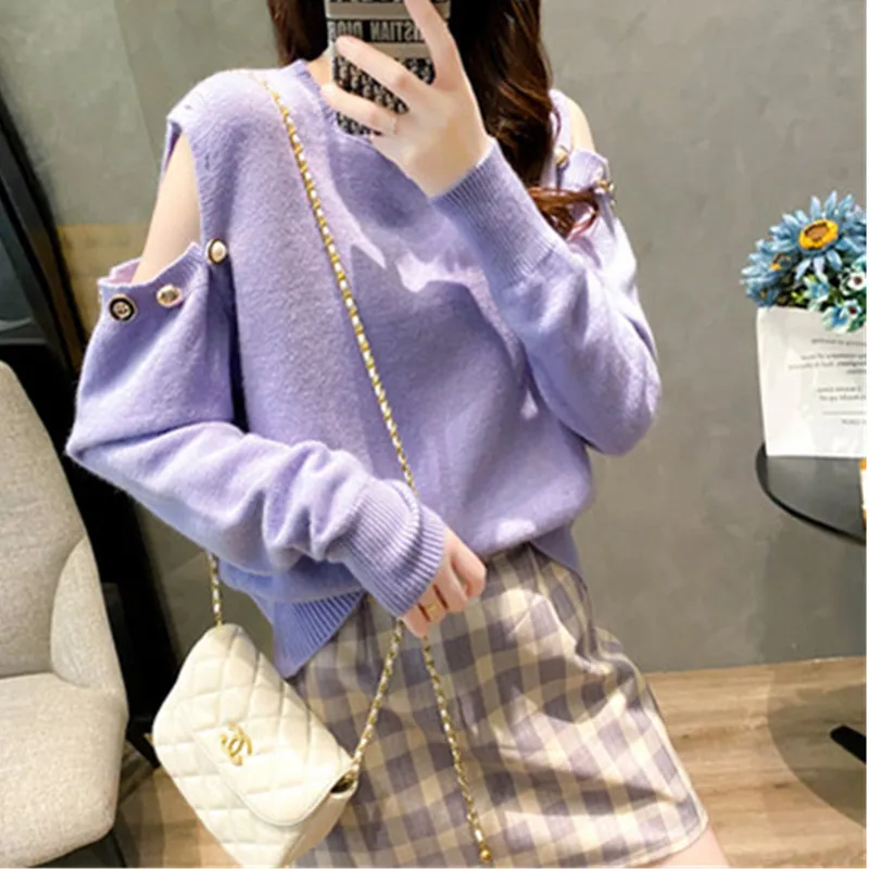 

Strapless Pullover Sweaters Women 2020 New Autumn Winter Korean Fashion Retro All-Match Solid Color Knitting Sweater Female A328