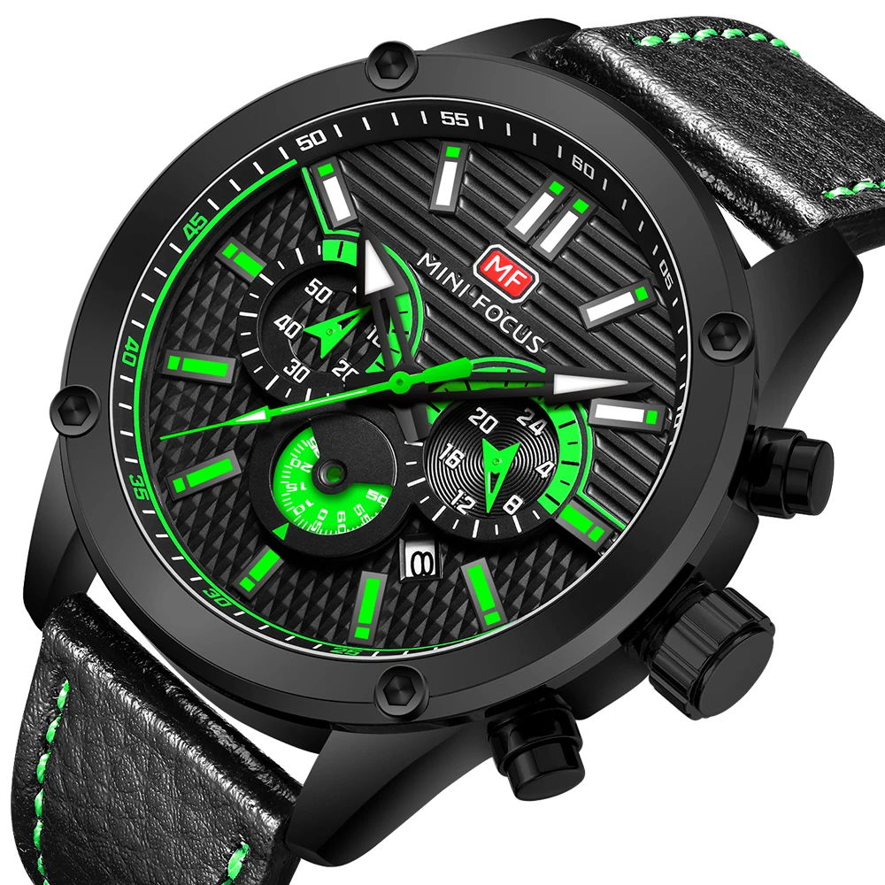 Мини фокус часы для мужчин Водонепроницаемый черным кожаным ремешком Роскошные