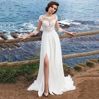 luxury lace applique a line wedding chiffon o neck dress three quarter sleeves sexy custom made slits mopping the floor