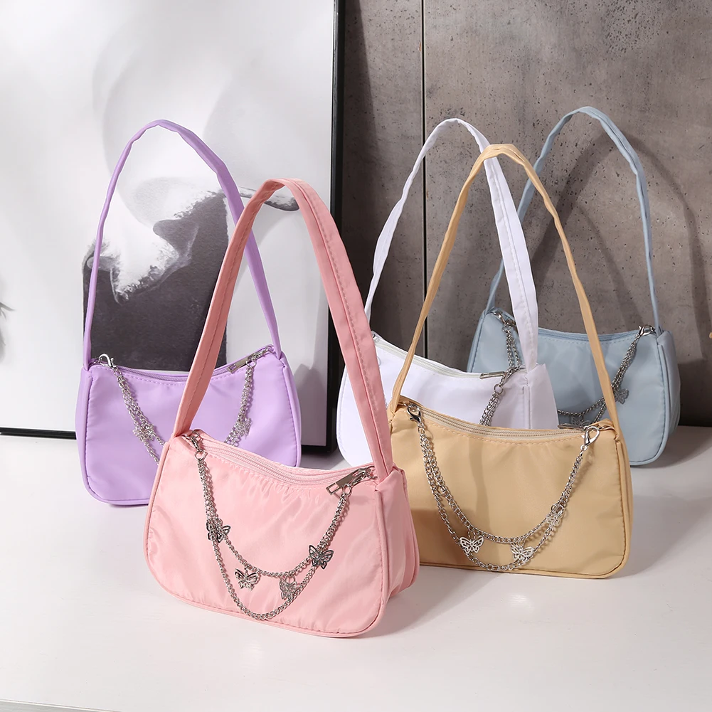 

Women PU Leather Small Shoulder Underarm Bag 2022 Fashion Ladies Vintage Butterfly Chain Pure Color Zipper Mini Purse Handbag