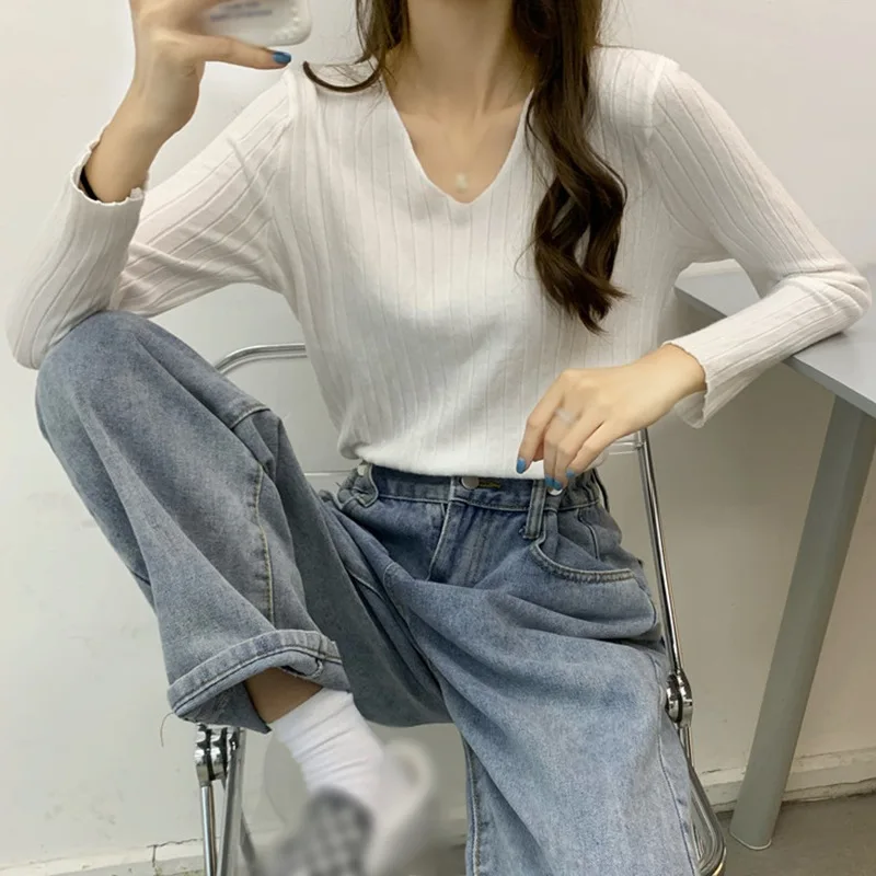 

Lazy Style Long-Sleeved Autumn Clothes Women's Outer Wear Loose Pullover V-Neck Sweater New Knit Casual Solid Tops Mujer De Moda