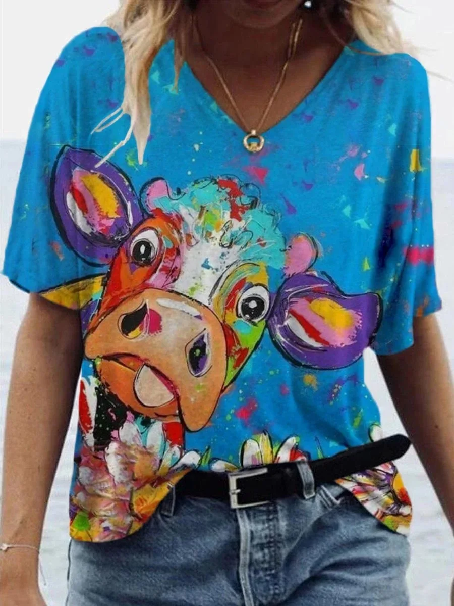 

T-Shirt Women's Summer V-Neck Short-Sleeved Blouse Butterfly Print T-Shirt Summer Casual Loose Hedging Women's Blouse 2021 New