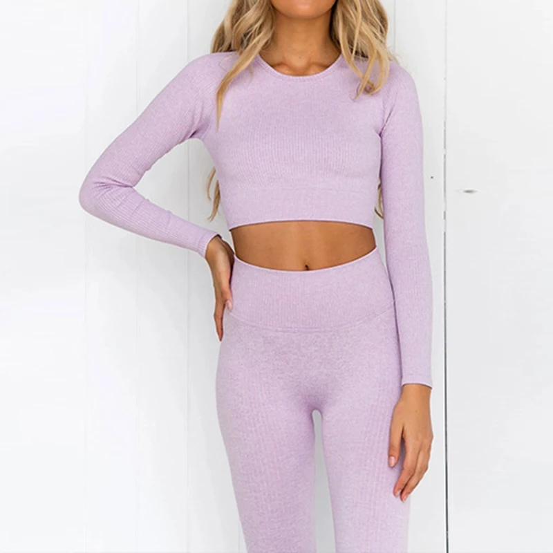 Purple Yoga Set Женский спортивный костюм, Леггинсы для йоги, ropa deportiva mujer, женские спортивные штаны для йоги, одежда для спортзала, одежда для йоги, Женский комплект для йоги с высокой талией - Цвет: Purple Yoga Set