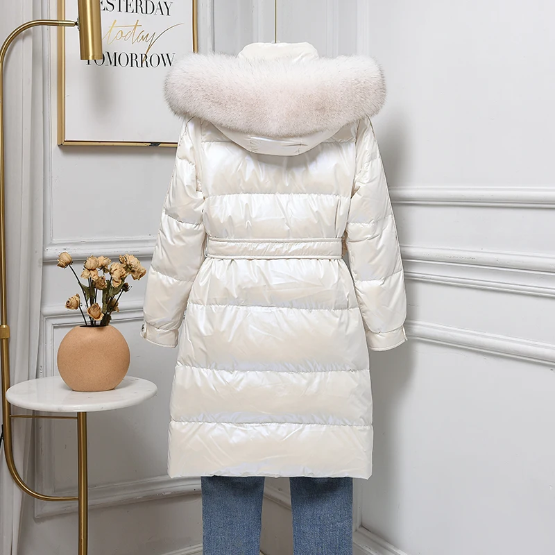 Fitaylor Winter Large Real Fur Collar Hooded Feather Long Jacket Women with Belt Slim Down Coat Bright Surface Fit Thick Outwear | Женская