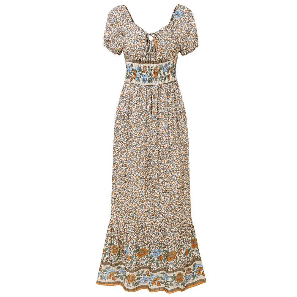 

2021Bohemian V-neck lace up short sleeve Lantern high waist dress Free shipping
