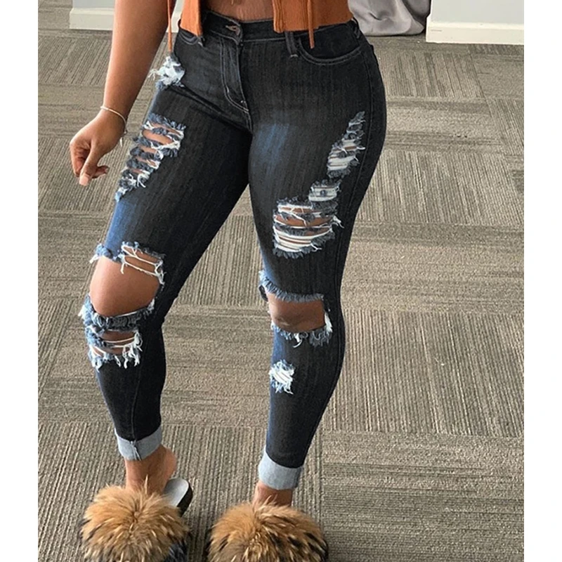 

Wepbel Hip Ripped Denim Pants Women's Plus Size Jeans High Waist Slim-Fit Hole Tight Pencil Denim Trousers Fashion Casual Jeans