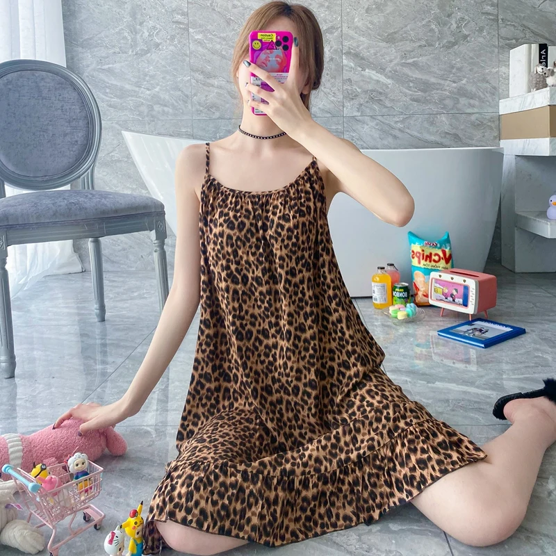 

Print Nightgowns Women Mid-calf Summer Fashion Sexy All-match Design Sleepdress Cool Loose Vestidos Casual Breathable Harajuku
