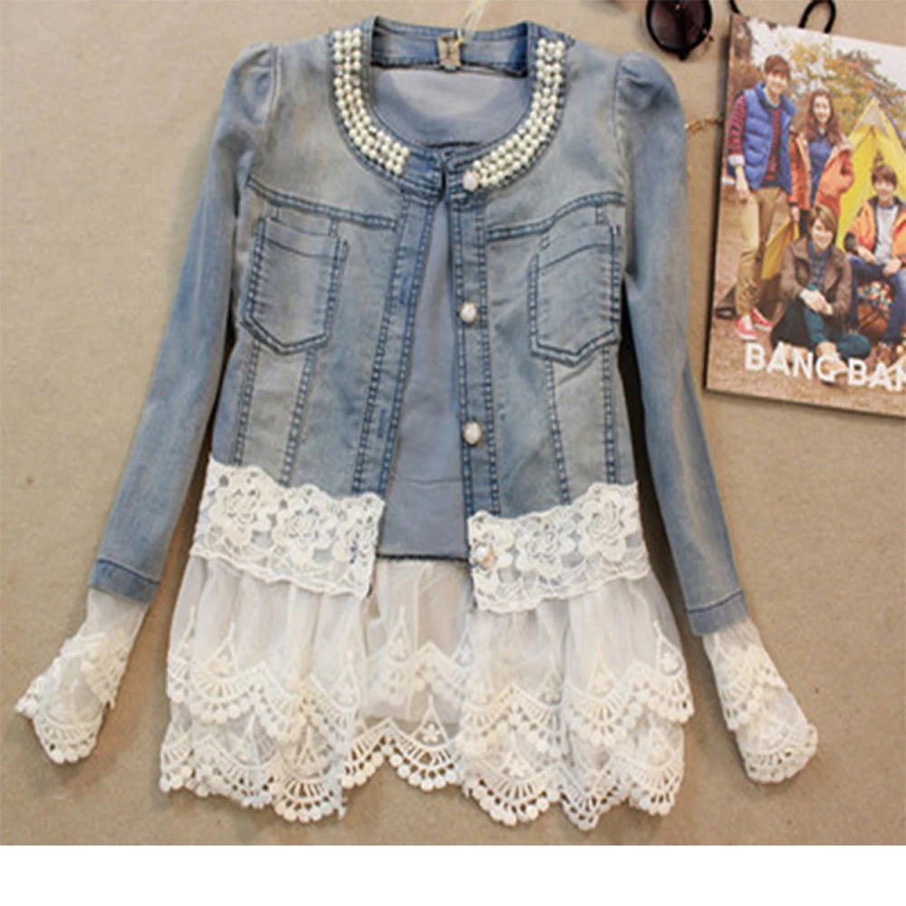 

New Thin Stitching Women Jacket Autumn Winter Fashion Beaded Denim Jackets Washed Jeans Coat Female Collar Outwear Jacket