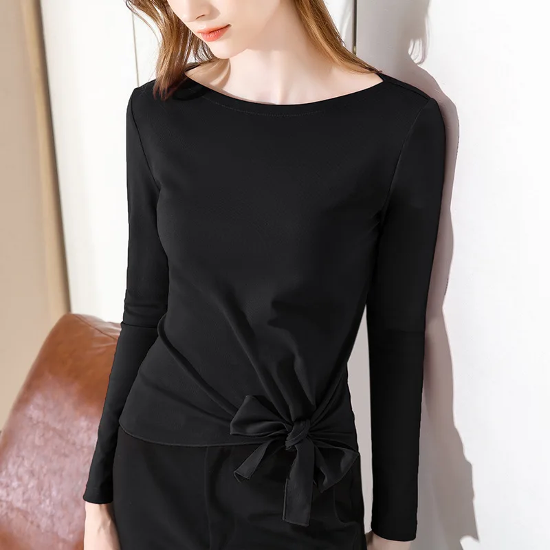 

Long sleeve T-shirt women's new year autumn women's basic solid color bow tie shoulder top