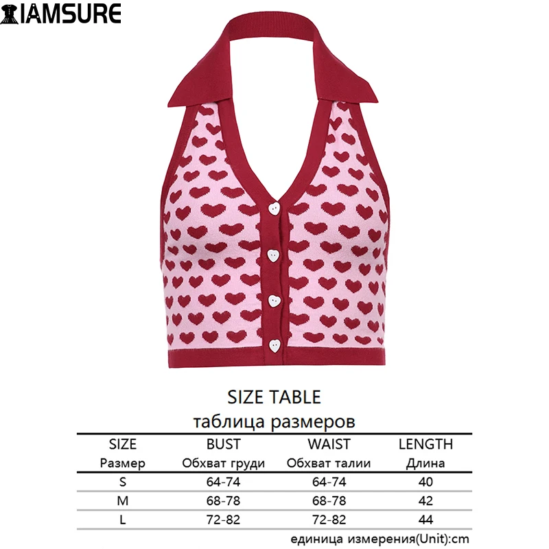 

IAMSURE Sweet Backless Halter Top Heart Shape Pattern Turndown Collar Knitted Crop Tops Streetwear Y2K Aesthetic Girl Tank Top