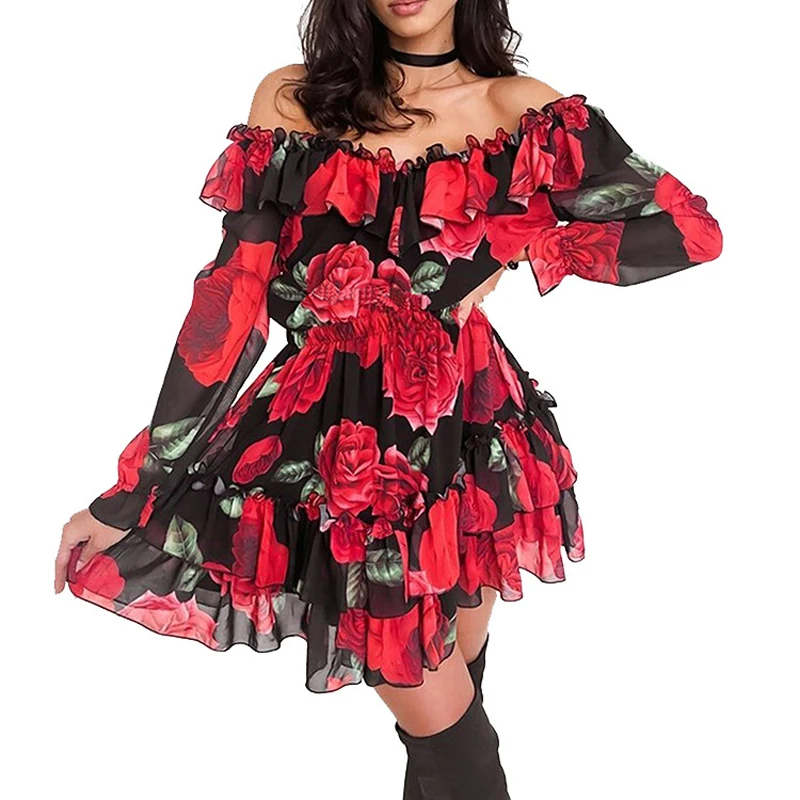Женское мини-платье с цветочным принтом открытыми плечами и длинным рукавом |