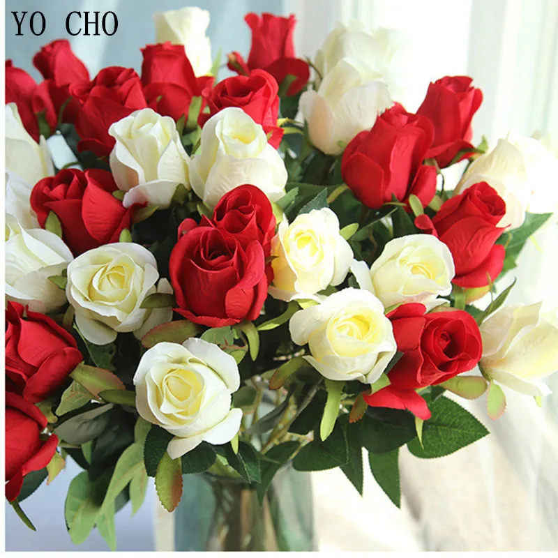 YO CHO искусственные шелковые розы белые и красные | AliExpress