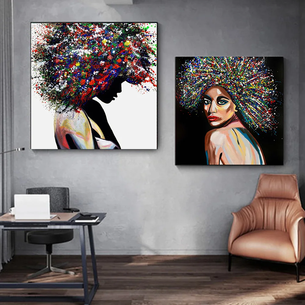 

Colored Graffiti Hair Canvas Painting Abstract Sexy African Woman Poster and Prints Wall Art Picture for Living Room Decoration