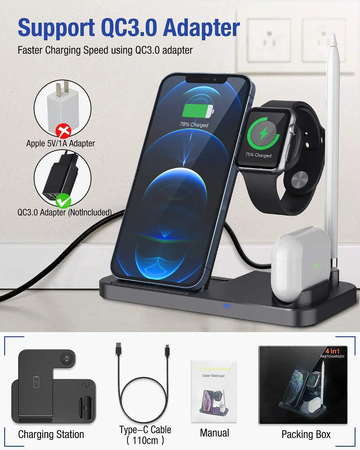wireless charger station 4 in 1 qi fast charging stand dock for apple watch iwatch 7 6 se airpods pro iphone 13 12 11 xs xr x 8 free global shipping