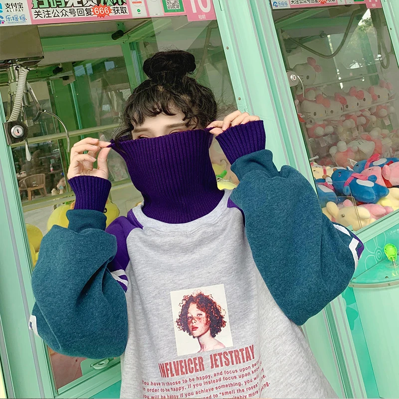 

2020 Hoodie Sweatshirt Women Winter Oversize Tops Fashion Pattern Printed Sweatshirt Autumn Turtleneck Outerwear Warm Pullover