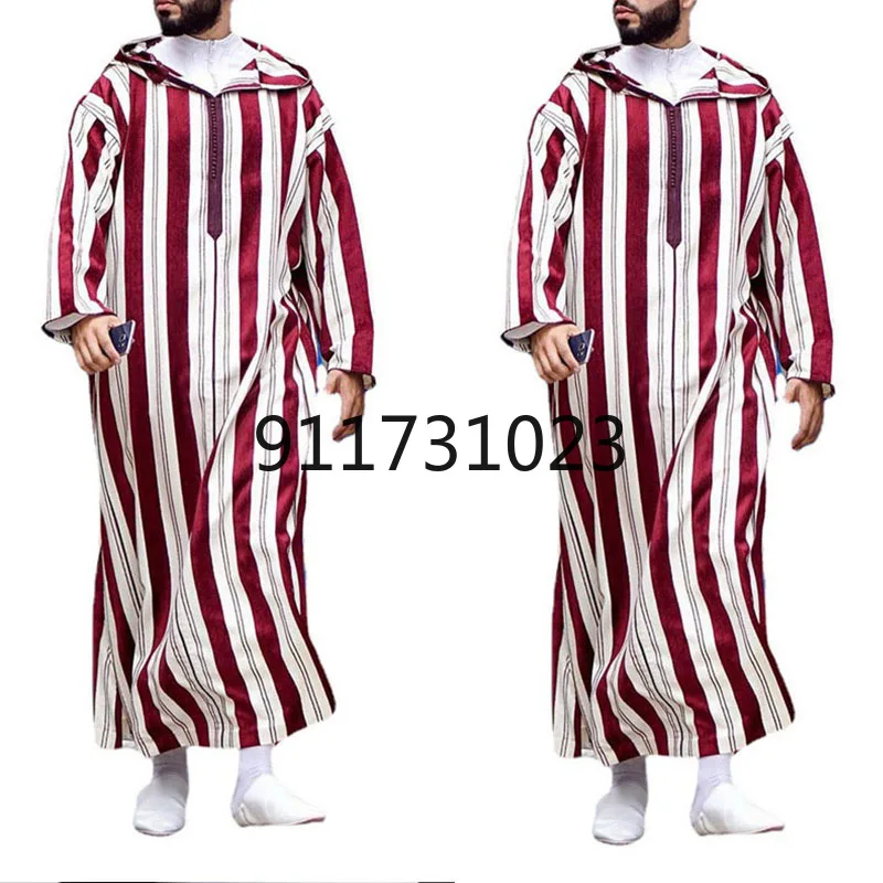 Мусульманское платье с капюшоном Длинное Красное прямое в полоску V-образным