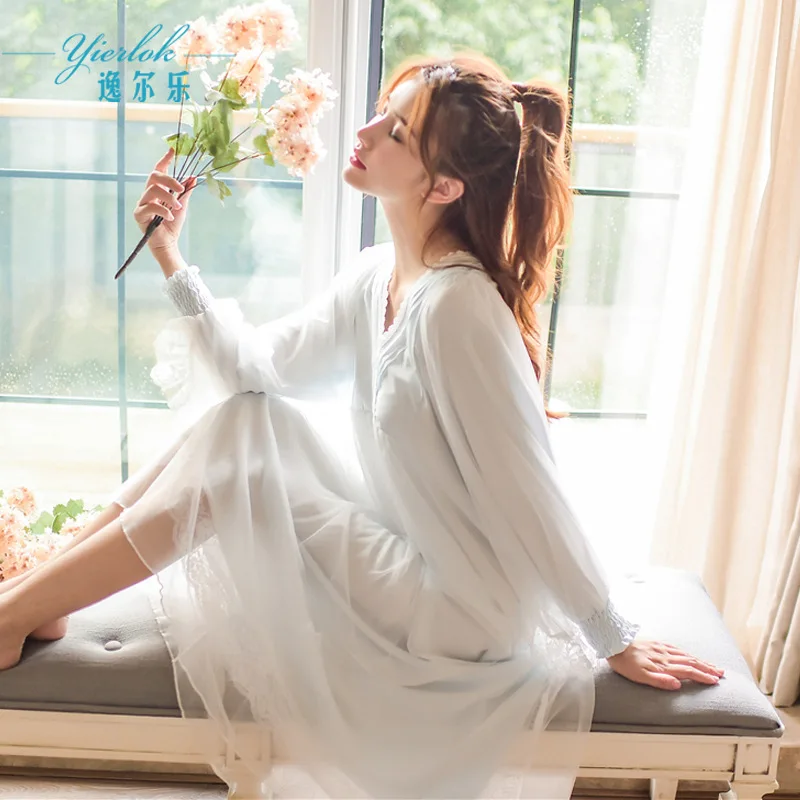 Retro Palace Princess Nightdress Women Spring and Autumn Korean Version Sweet Lace Mesh Sexy Cotton Nightdress Home Clothes Long
