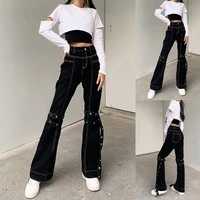 woman female high waist elastic pants girl all match zipper wash denim trousers 2021 women sexy lace up decorated black jeans