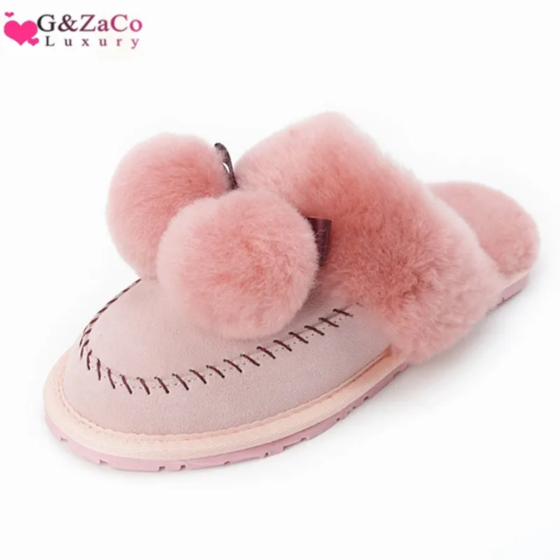 G & Zaco/зимние женские тапочки из натуральной шерсти плоская подошва помпоны