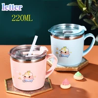 stainless steel childrens straw cup with lid and handle anti drop water cup baby learn to drink cup 220ml