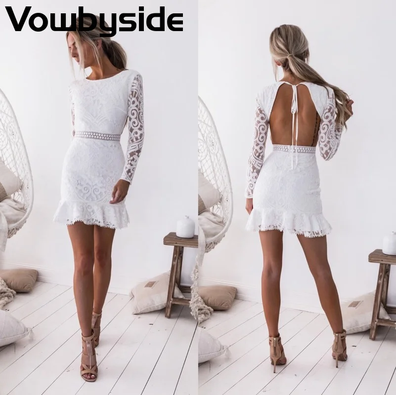 

Spring and Autumn New Women's Dresses Solid Color Lace Sexy Fashion Long Sleeve Round Neck Slim Dress