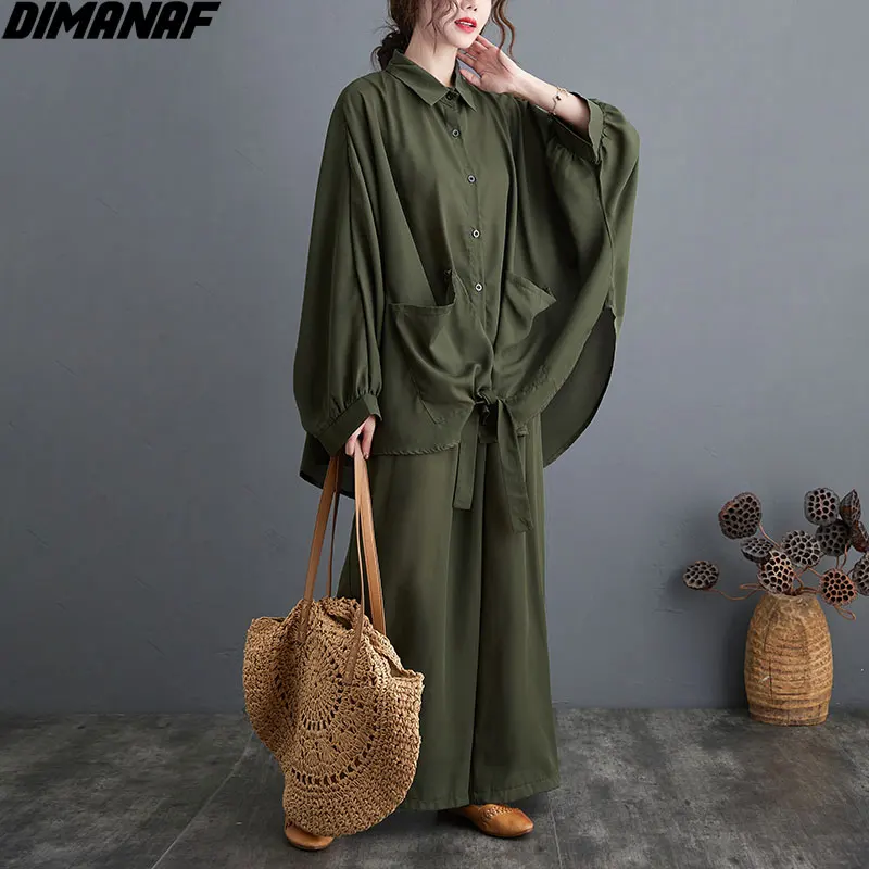 

Женский офисный комплект DIMANAF, повседневный комплект из двух предметов, рубашка с карманами, Длинные свободные штаны большого размера на весну и лето