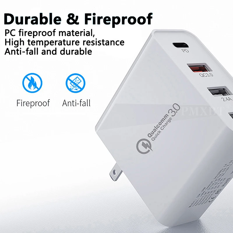 48W 4 Port Quick Charger PD Type C USB Charger For iPhone 12 11 Samsung Tablet QC 3.0 Fast Wall Charger EU UK US AU Plug Adapter