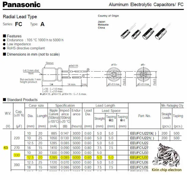 

50PCS/LOT 330uf 63V 12.5*X20 FC gold electrolytic capacitor volume: 12.5*20mm