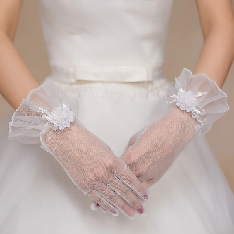 

New summer bridal wedding wedding wedding full-finger gloves mittens transparent tulle elastic three-dimensional flowers