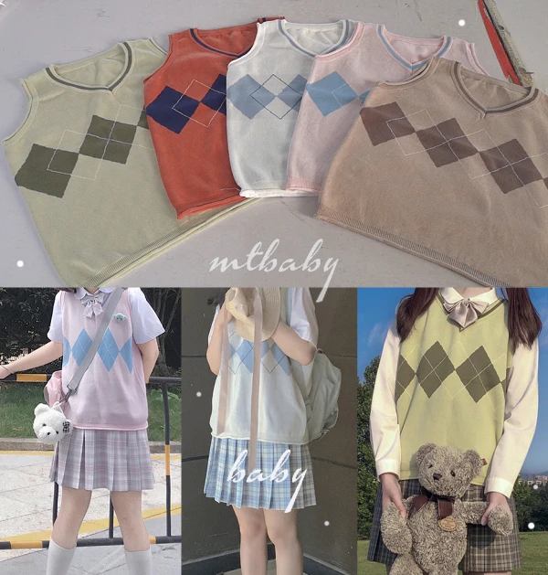 

Cute Japanese School Uniform JK V-Neck Sweater Women's Sleeveless Vest Diamond Tops Macaroon Colors