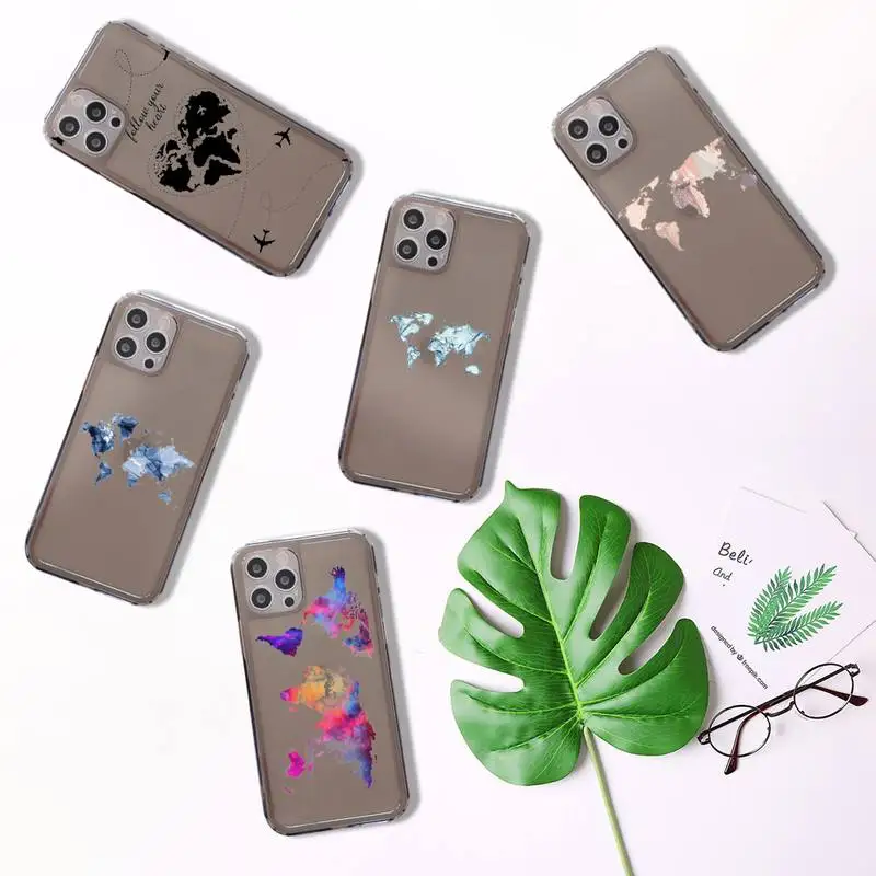

World Map Travel creative art Phone Case For iPhone 7 8 11 12 X XS XR MINI Pro Max Plus Retro Black Grey clear transparent