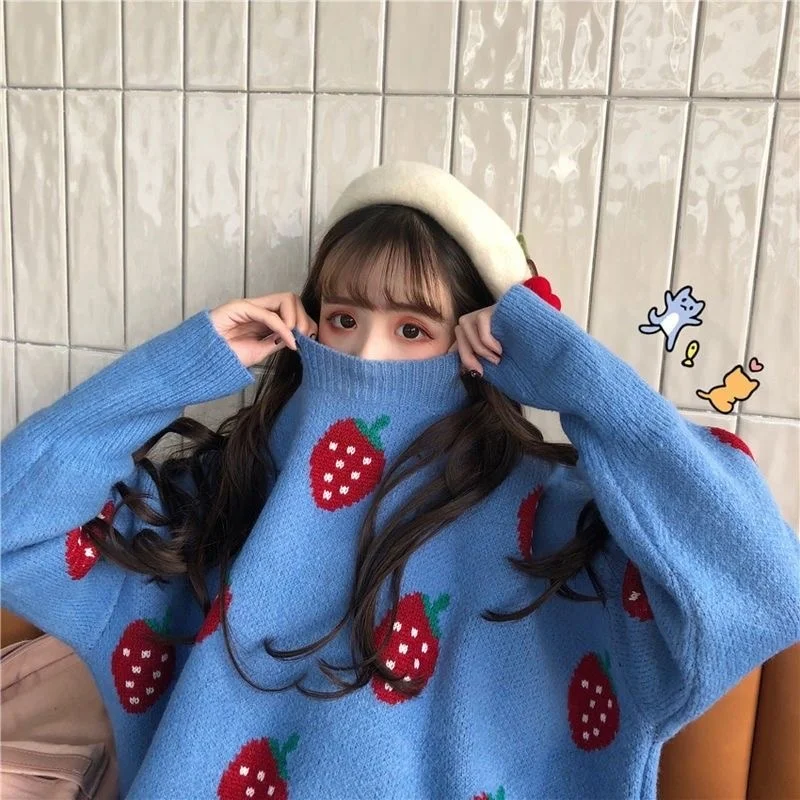 

Sweet Fruit Embroidery Sweater 2021autumn New Women Long Sleeved Pullover Loose Korean Fashion Strawberry Knitted Top Pull Femme