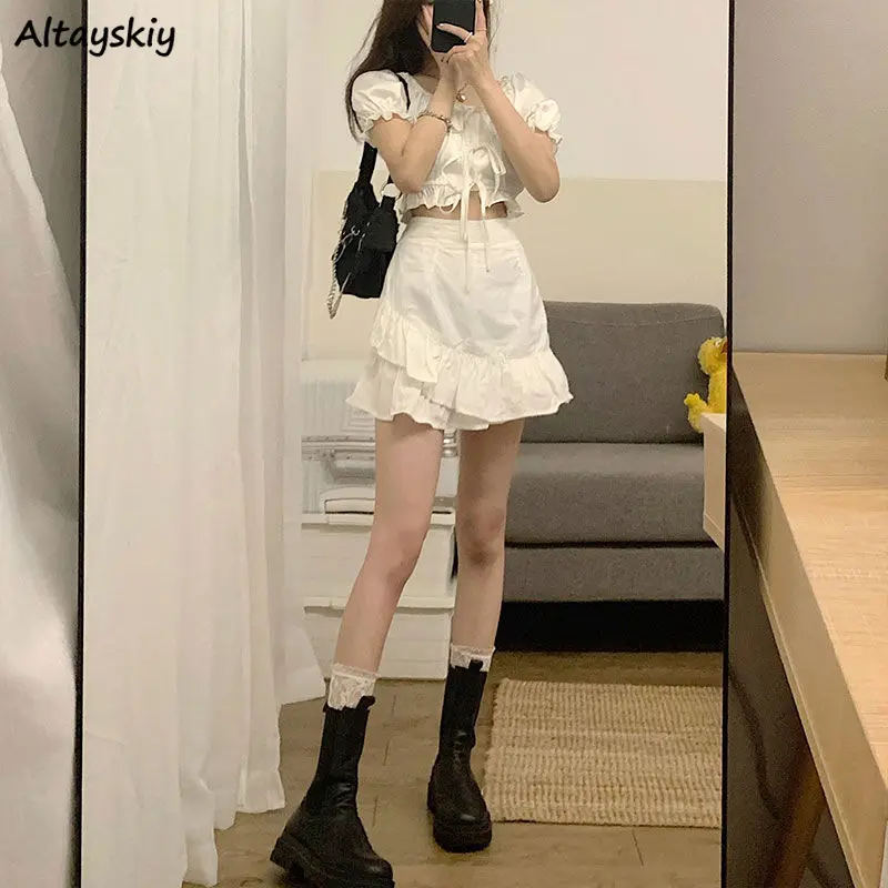 

Sets Women Two Piece Fashion Party Korean Style Summer Solid Sweet Ruffles Ruched Square Collar Blouse Empire Mini Skirt Female