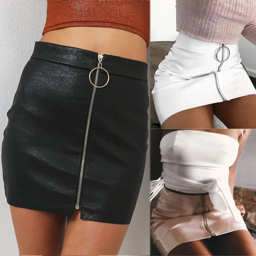 

Women's Bodycon Leather Skirts Metal Hip Sexy Skirt Ring Zipper Package Pencil Midi Skirt #