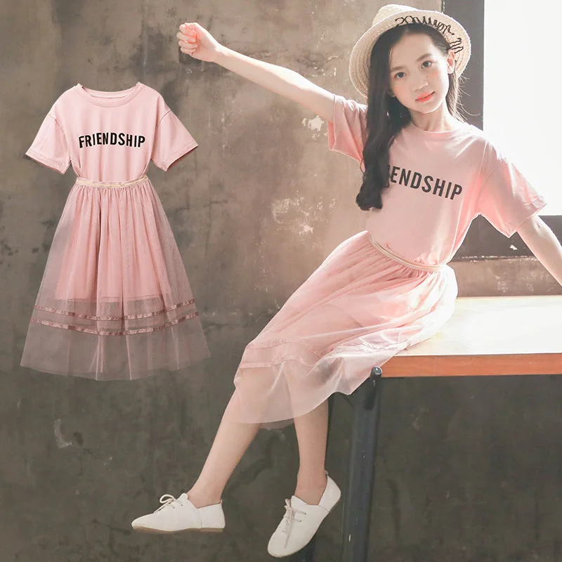 

Футболка с коротким рукавом и кружевная юбка принцессы, для девочек 8-12 лет