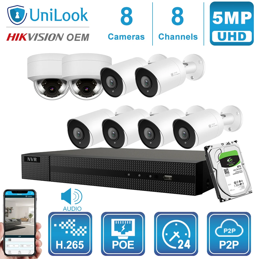 UniLook 8CH NVR 5MP купольная пуля Смешанная POE IP камера система наружного наблюдения