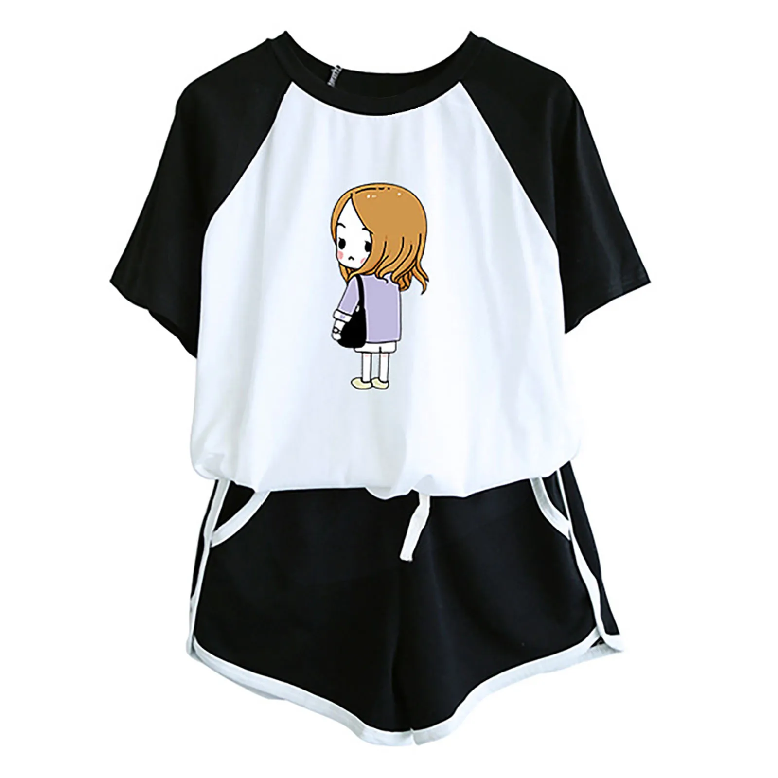 

ISHOWTIENDA Women Two Piece Drop Sleeves Set Short Sleeve O-neck Paneled T Shirt Shorts Women Set