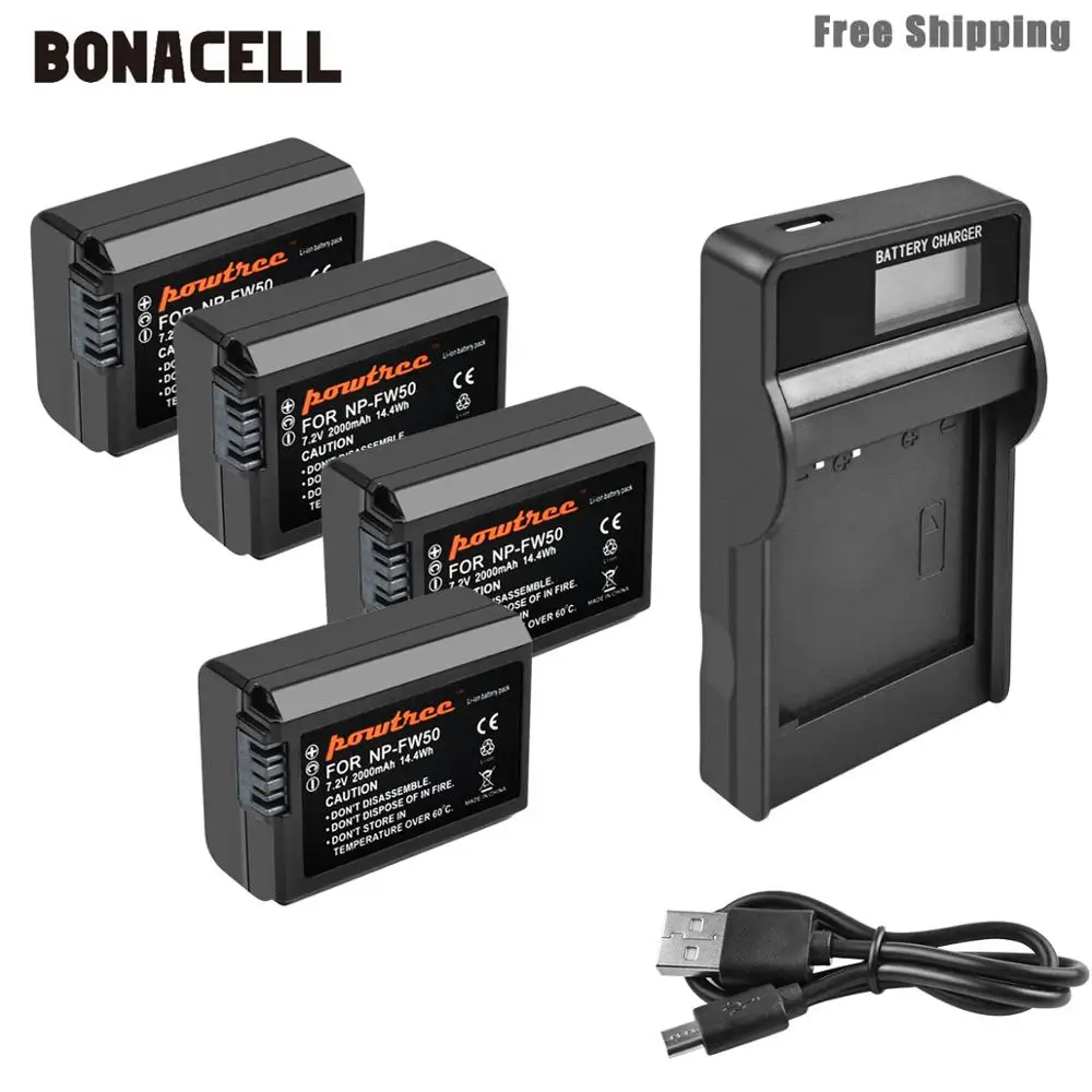4XBattery Charger Bonacell 2000 мА/ч, NP-FW50 NP FW50 Батарея+ ЖК-дисплей Зарядное устройство AKKU для sony NEX-7 NEX-5N NEX-5R NEX-F3 NEX-3D Alpha a5000 a6000 L50 - Цвет: 4XBattery Charger