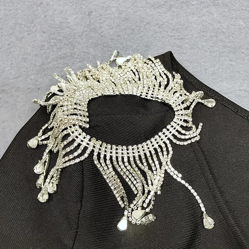 

UKCNSEP One Shoulder Black Bandage Dress 2021 Summer Diamonds Sparkly Straps Elegant Club Party Celebrity Mini Dress