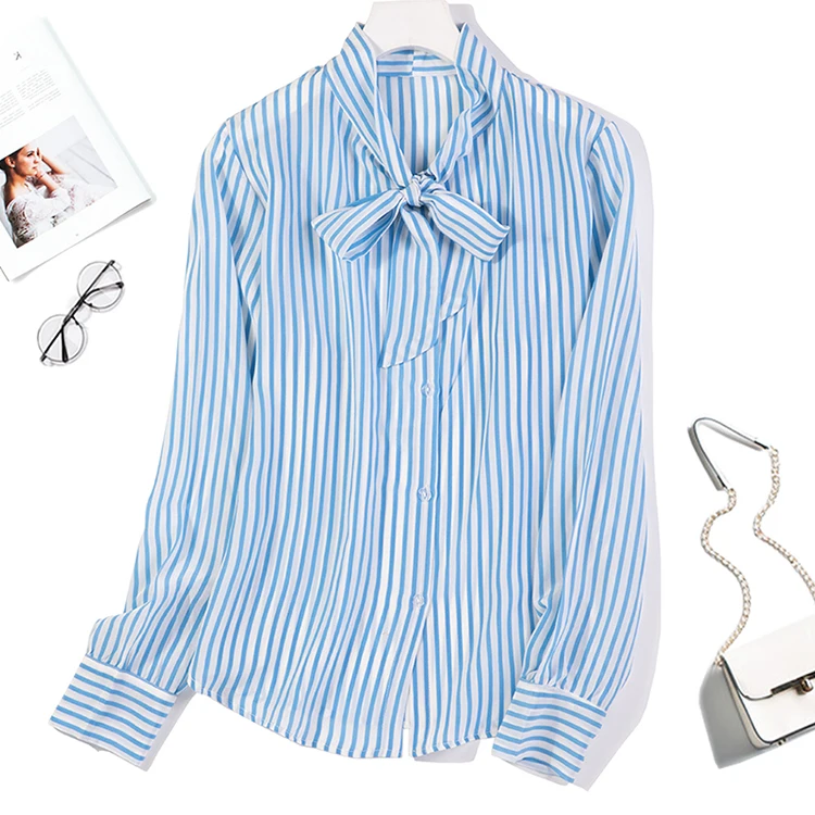 Женская рубашка в синюю полоску из 100% шелка блузка с галстуком бабочкой для офиса