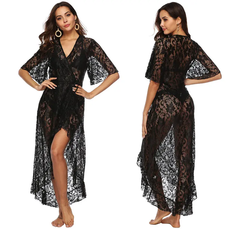 2020 сексуальное бикини накидка Черная Кружевная туника женская летняя пляжная