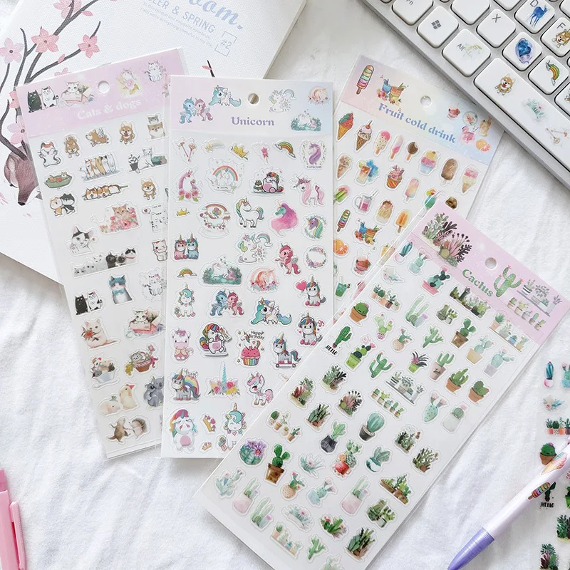 1 Sheet Kawaii Cat Cactus Fruit Drink Starry Mini Decorative Stickers Notebook Decoration | Канцтовары для офиса и дома