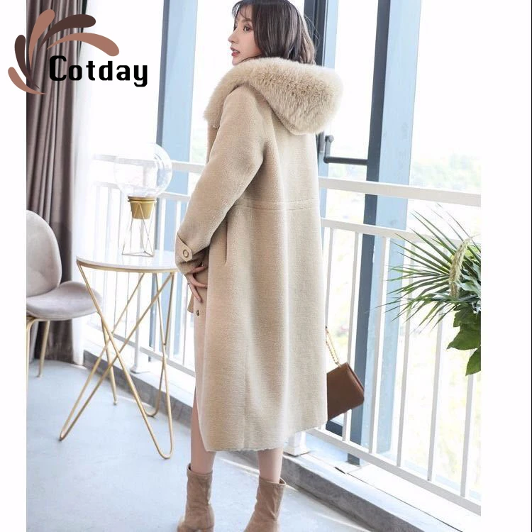 

Cotday Long Office Lady 2020 Fashion New Women Sheep Shearing Fur Medium Long Fox Hair Hooded Fur Coat Female Wool Winter Coats