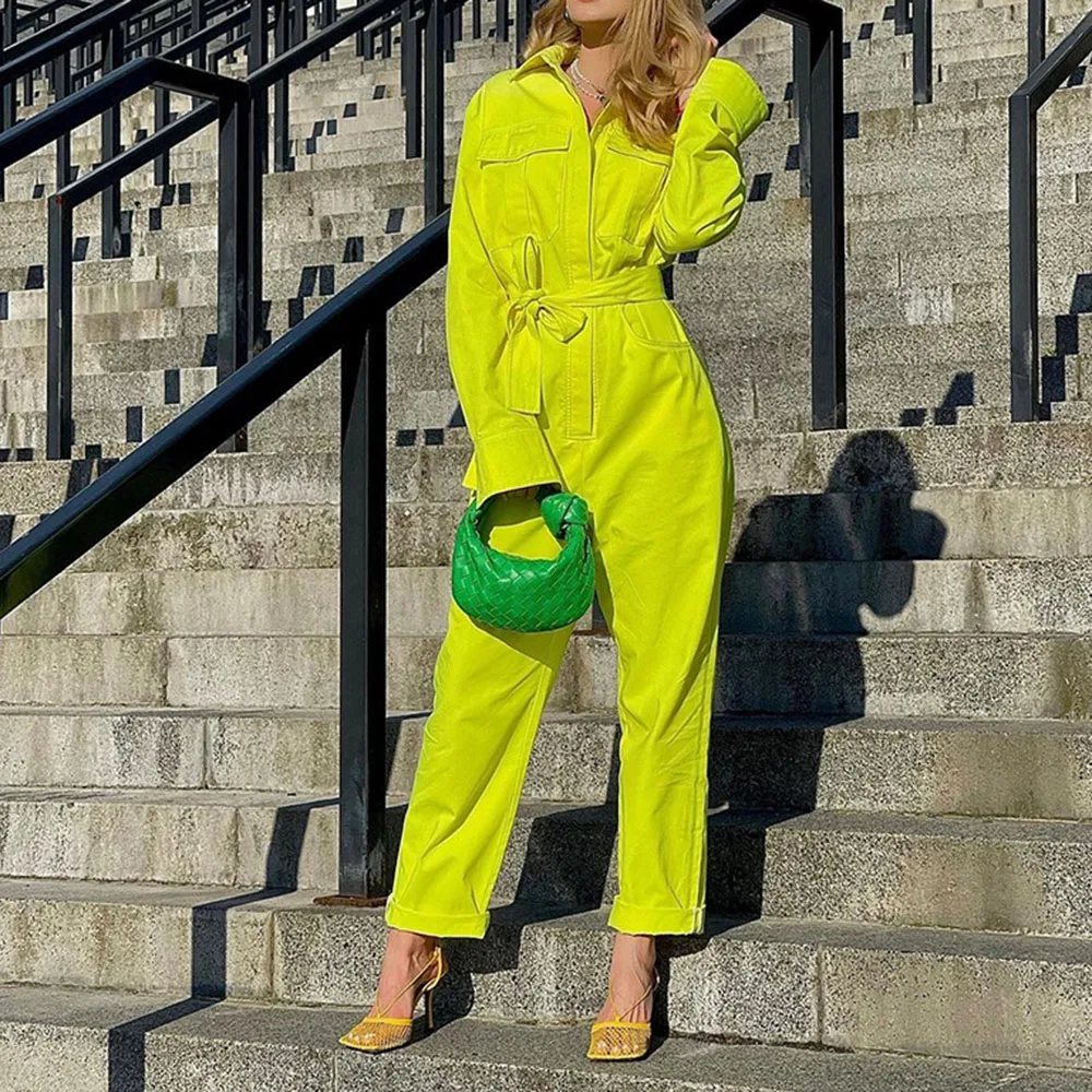 

Women Autumn Winter New Jumpsuit Lapel Long Sleeve Bow High Waist Yellow Fashion Casual Single Breasted Western Style Jumpsuit