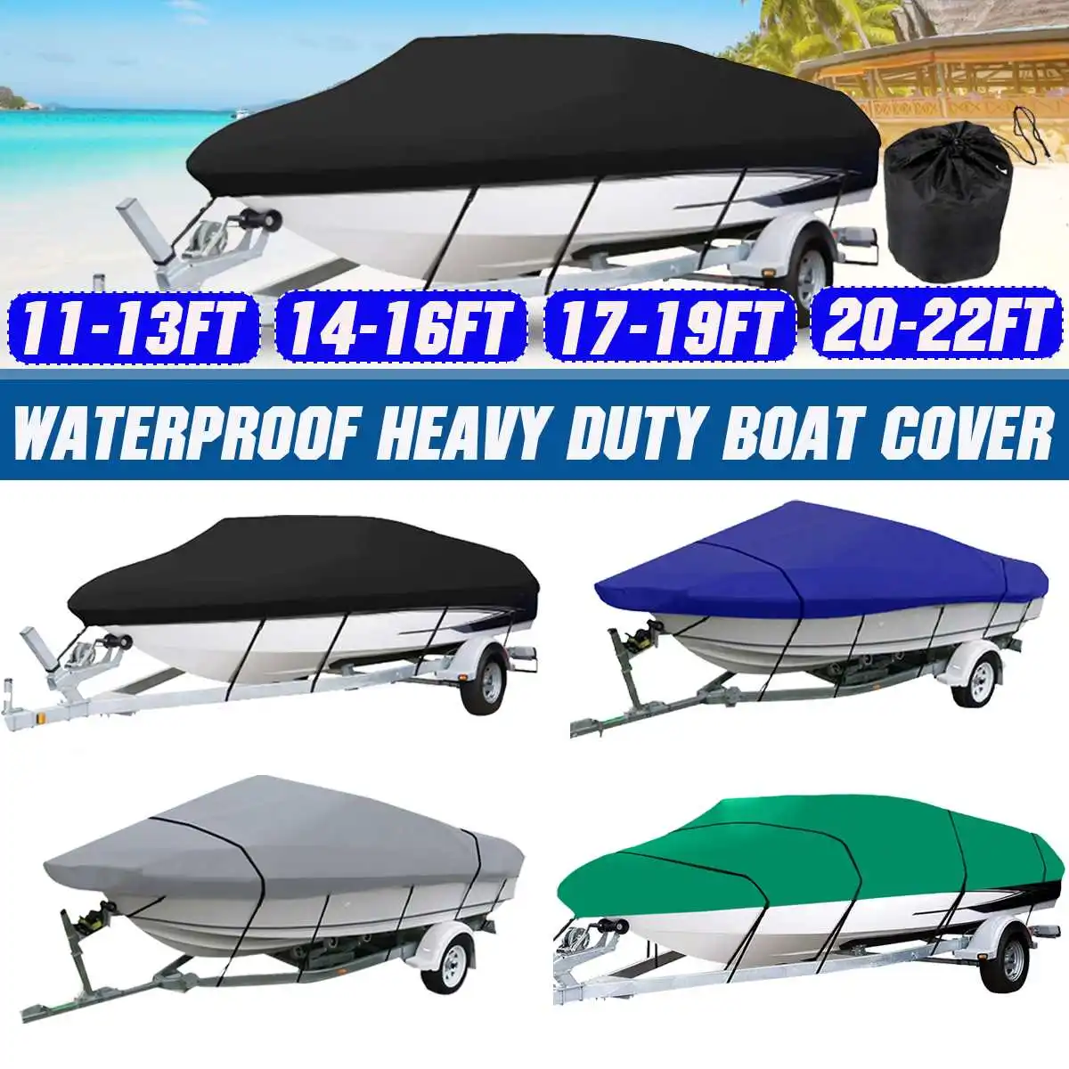 

11-22Ft Boat Cover 210D Waterproof Anti UV Scratch Dustproof Oxford Cloth Cover Heavy Duty Trailer Ski Fish V-hull Marine Cover