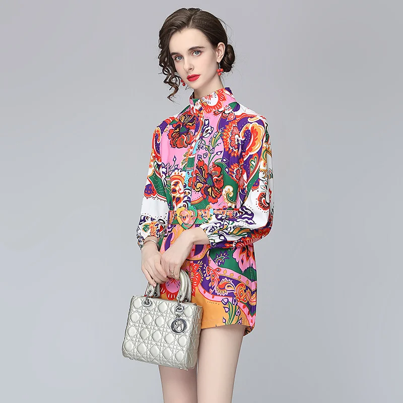 

2021 New Spring Summer Women Shorts Suits High Quality Retro Print Long Sleeve Shirt And Shorts Two Piece Set Send The Belt