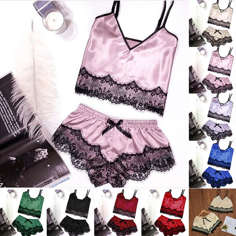 Модное женское нижнее белье сексуальное атласное кружевное ночное на бретельках