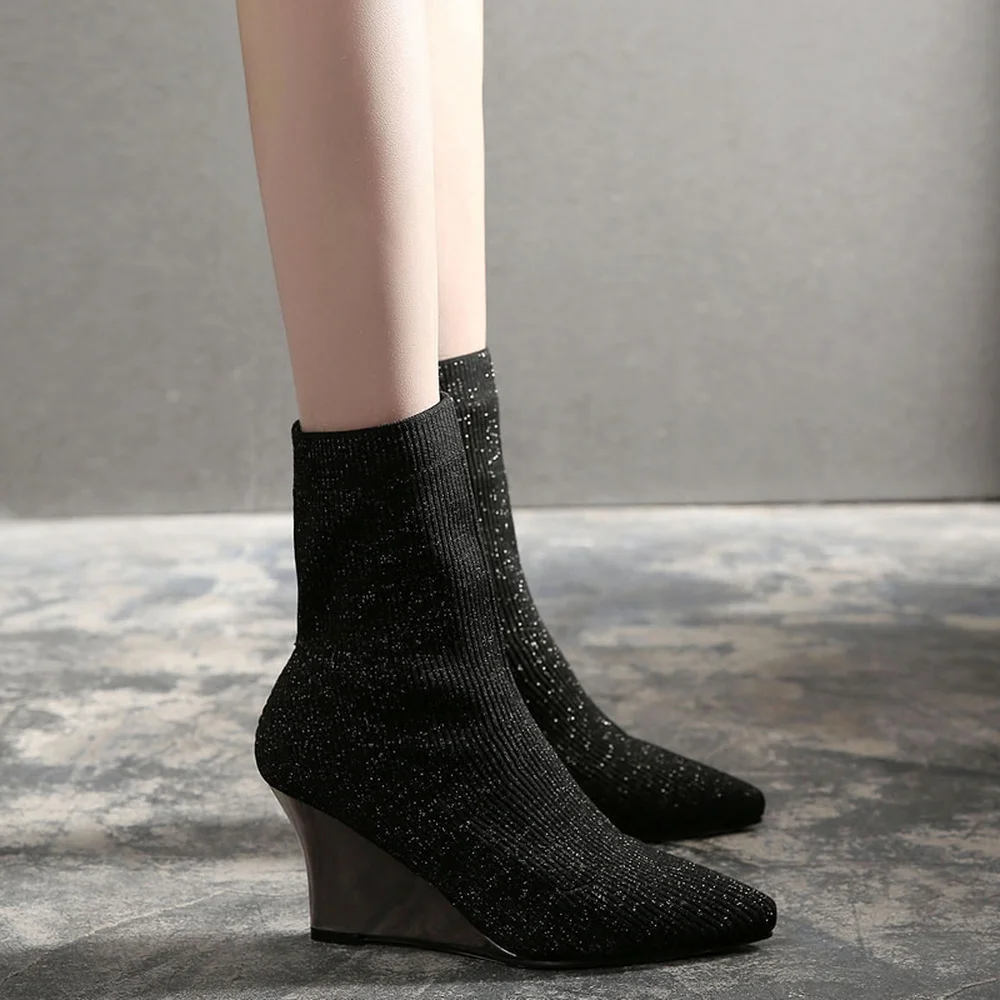 

European style socks and boots women 2019 autumn and winter new style pointed toe with British high heels knitted women's boots