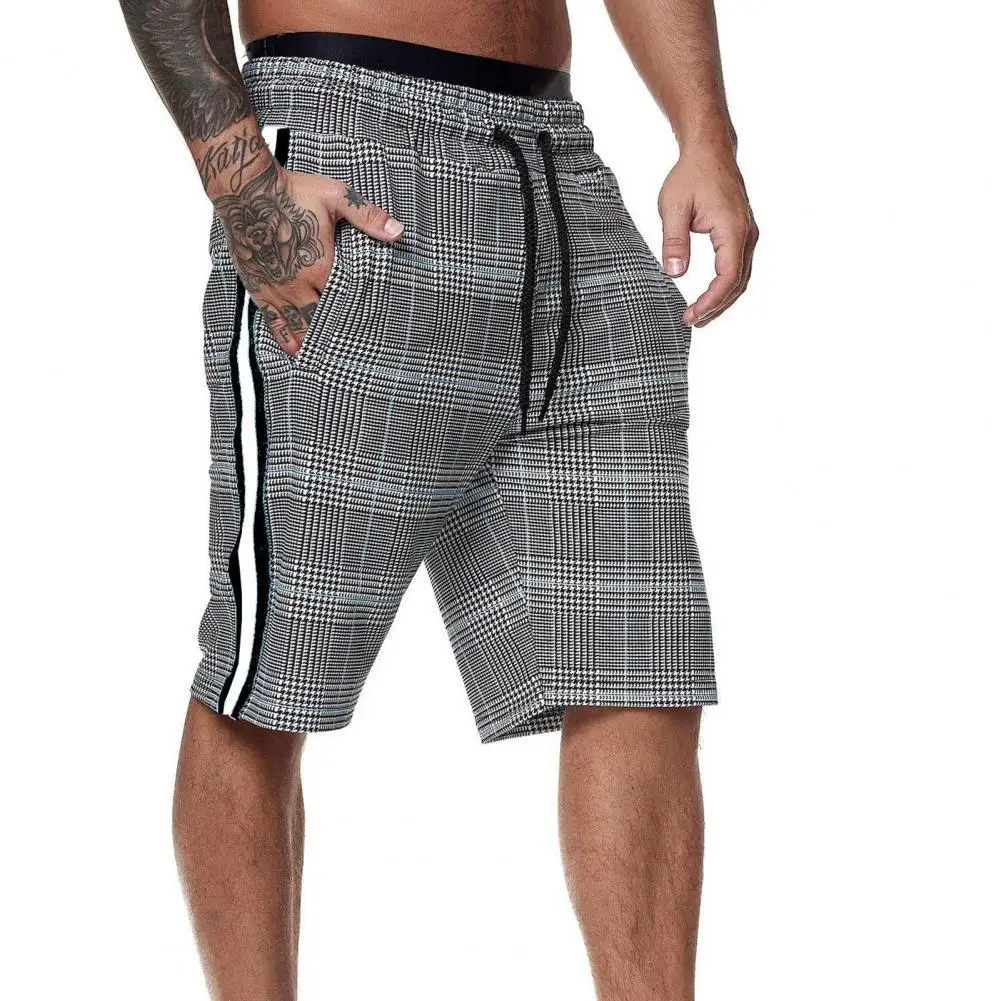 

Fitness exercise beach shorts Men Shorts Plaid Side Stripe Summer Mid Rise Drawstring Short Trousers for Sports мужские шорты