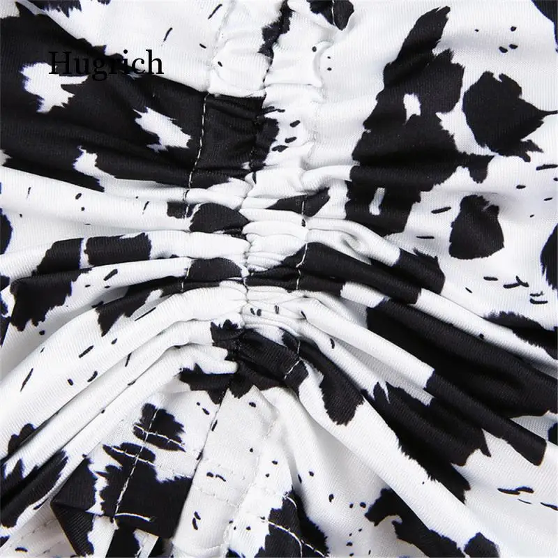 

Summer Women Sexy Cow Print Sleeveless Bodycon Mini Tank Casual Drawstring Ruched Dress Female Clothing